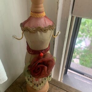 Decorative Dress Form Jewelry Holder with Red Rose Accent